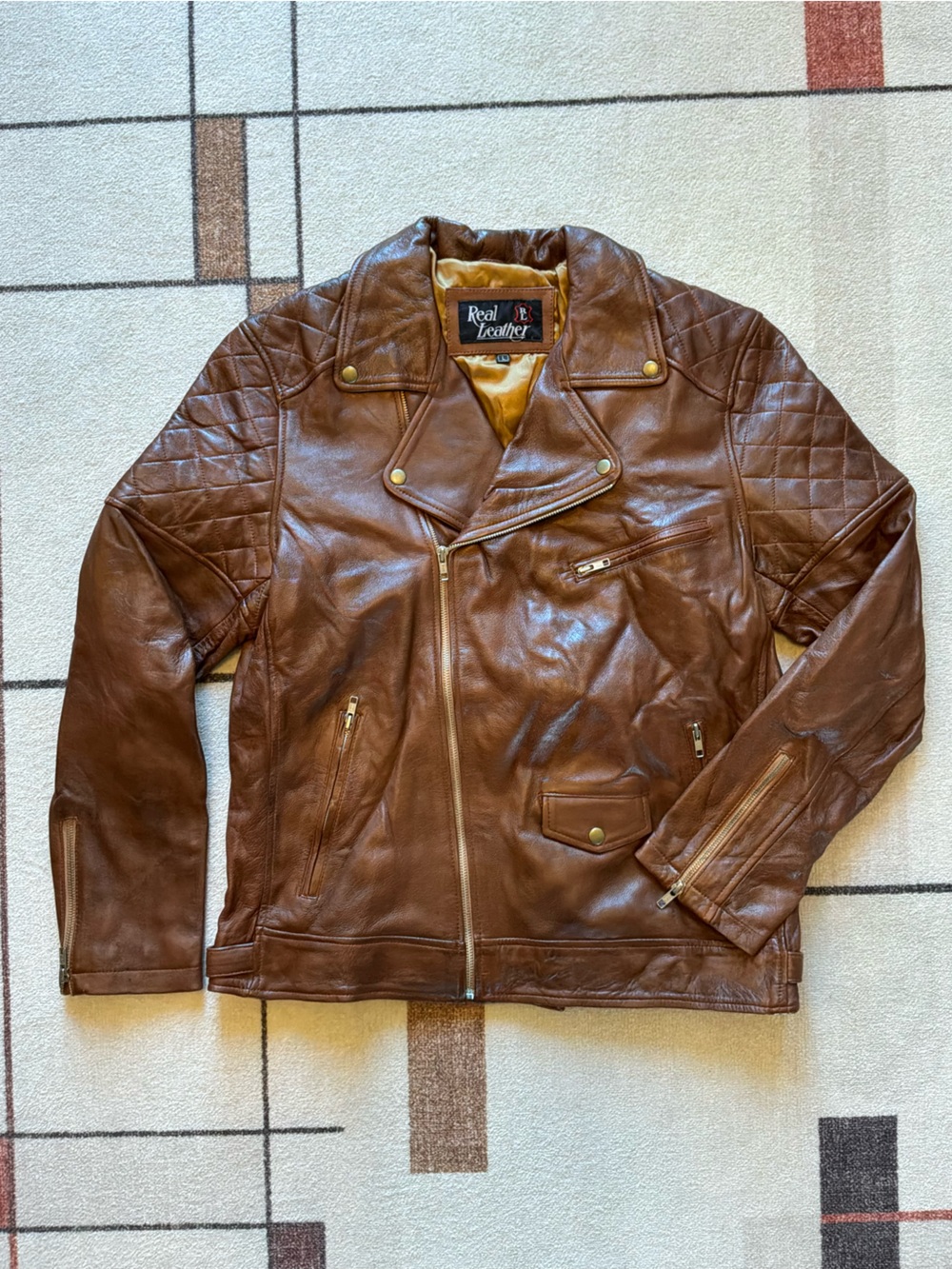 Men's Brown Quilted Leather Moto Jacket Large